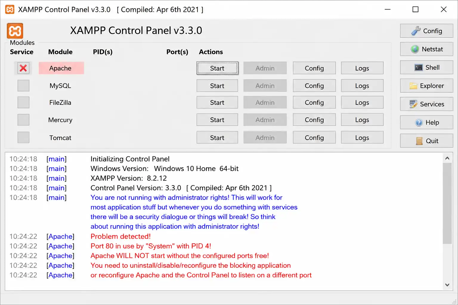 XAMPP Control Panel showing Apache port 80 in use error message