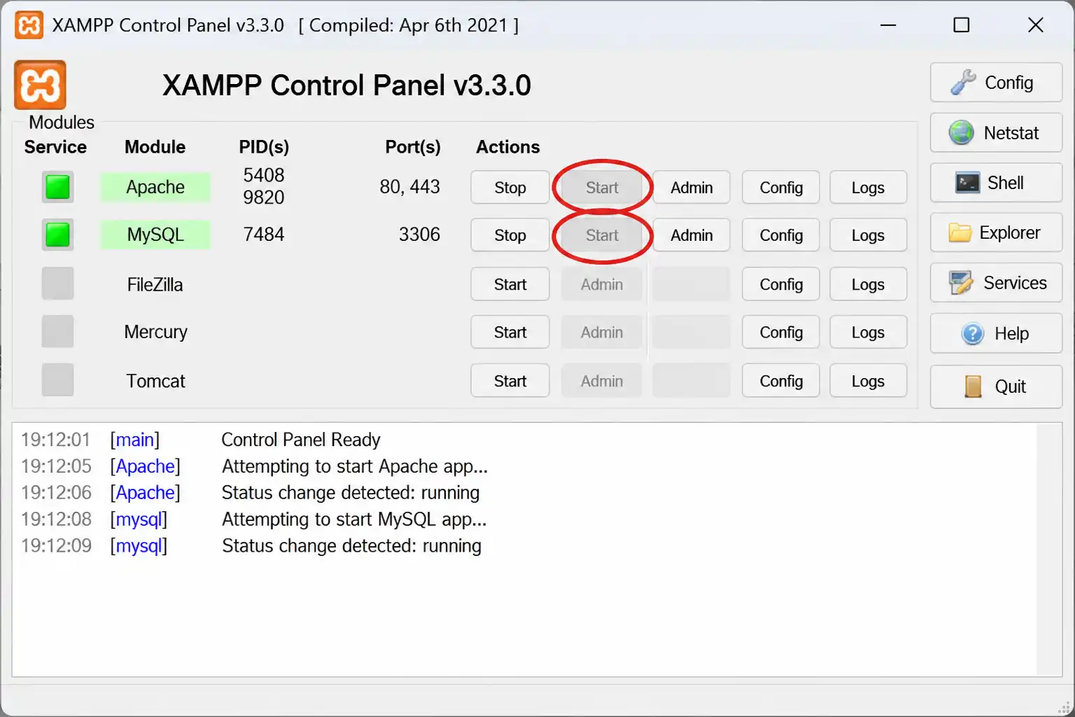 XAMPP Control Panel showing Apache and MySQL running with green status indicators
