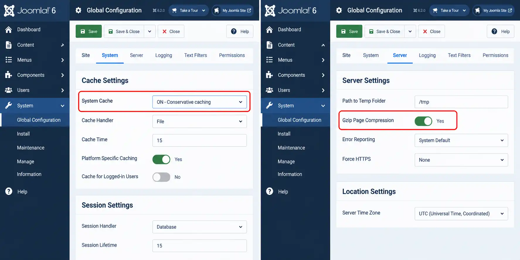 Joomla 6 Global Configuration System tab showing Cache Settings with System Cache set to Conservative