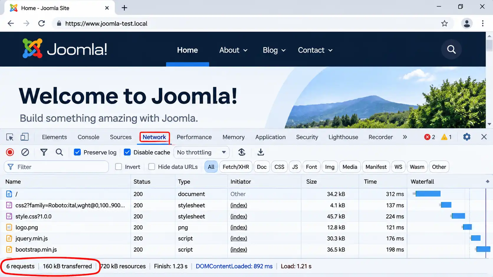 Chrome DevTools Network tab on a Joomla 6 page
