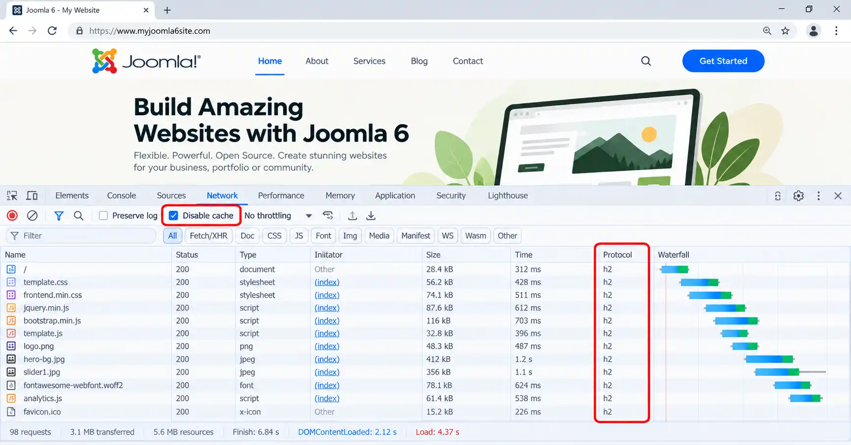 DevTools Network tab with Disable cache ticked and the Protocol column showing h2 for Joomla assets