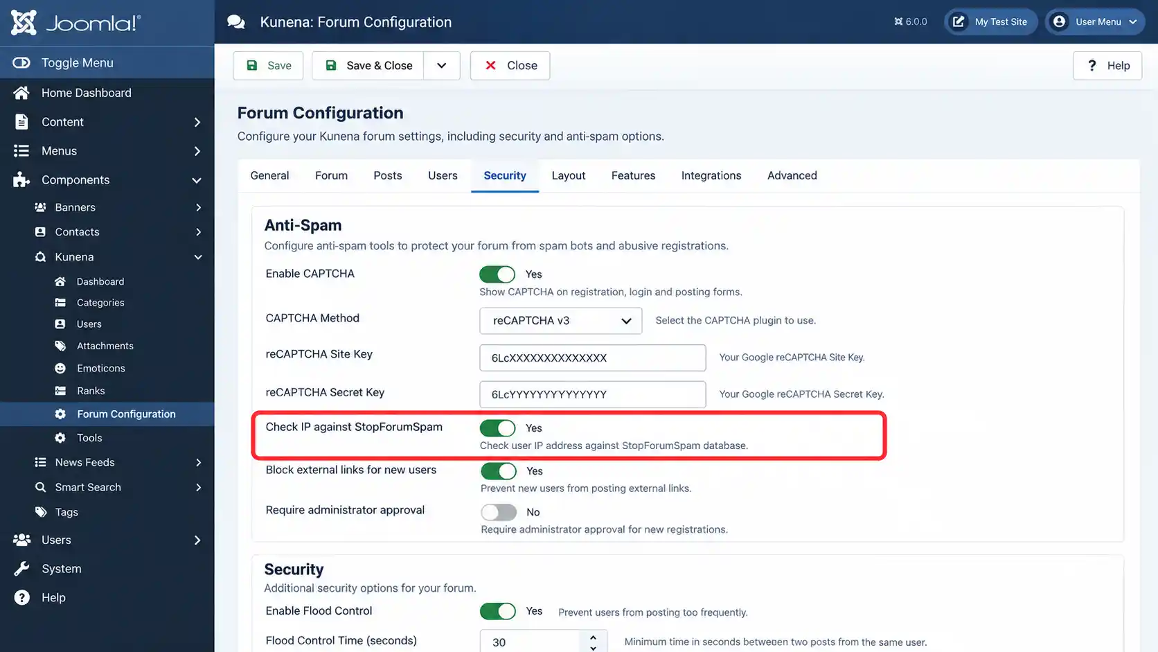Kunena Forum Configuration screen in Joomla admin with the StopForumSpam and CAPTCHA options highlighted