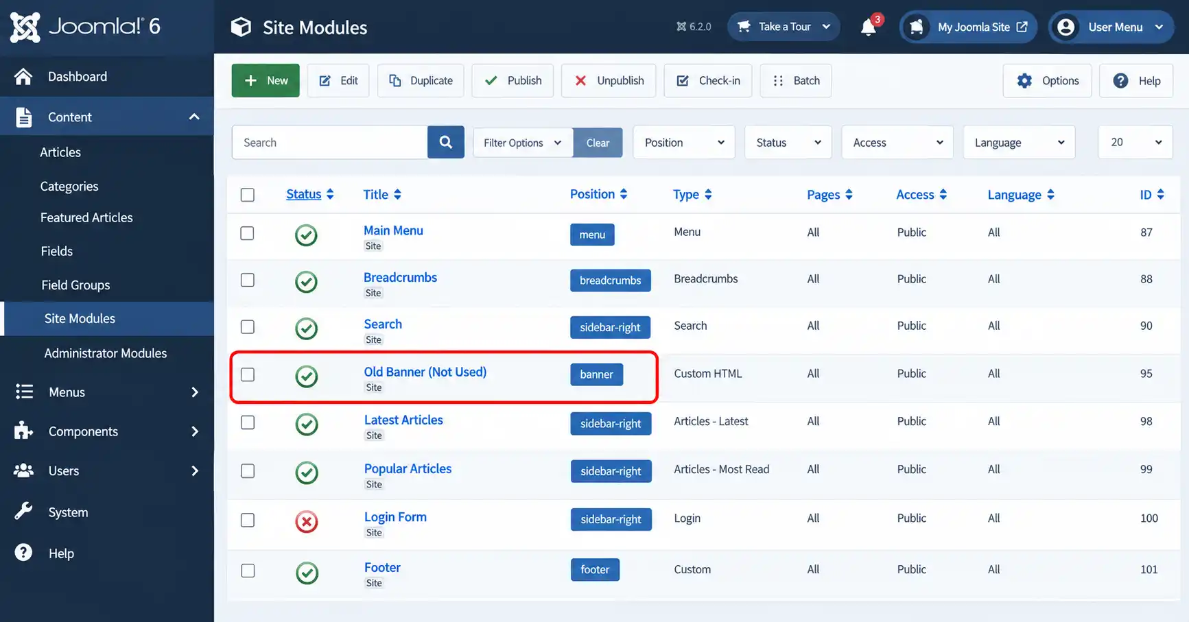 Joomla 6 Site Modules list with an unused module highlighted before being unpublished