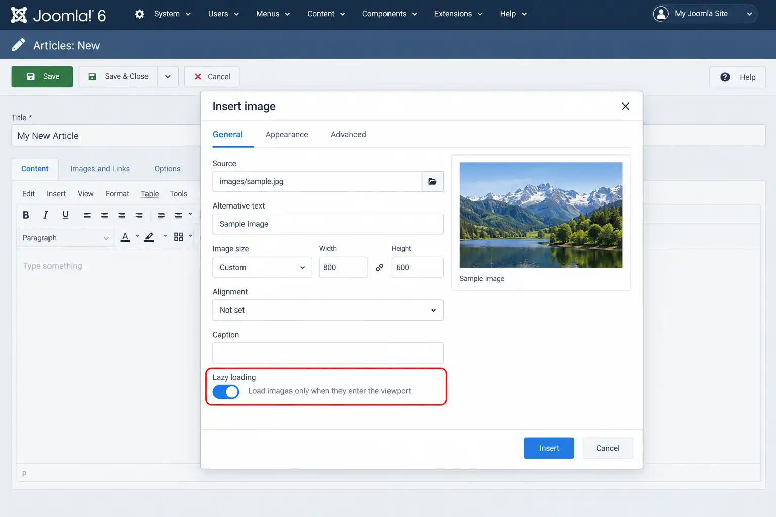 Joomla 6 editor Insert Image dialog with the lazy loading checkbox highlighted