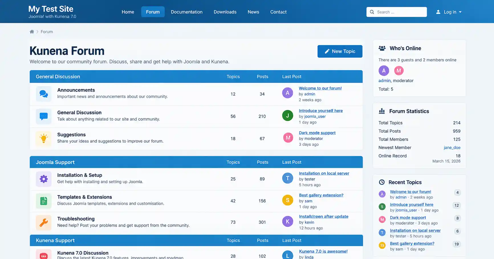 Kunena 7.0 forum index on a Joomla 6 site showing categories, topic counts and the Who's Online module