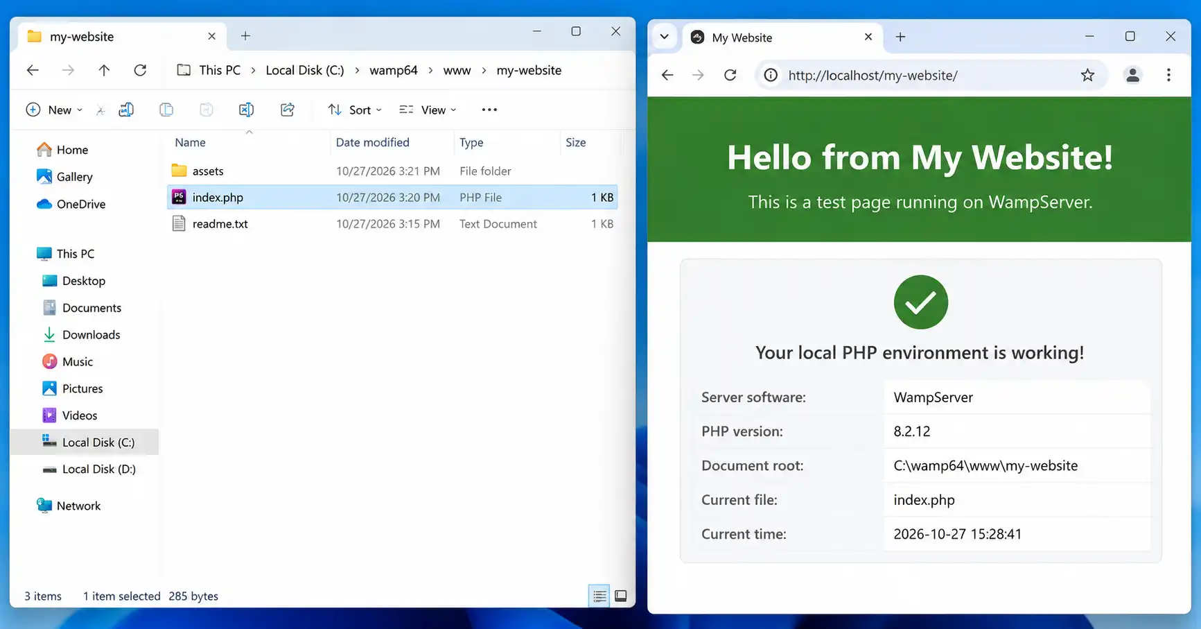 File Explorer showing index.php inside the C:\wamp64\www\my-website folder