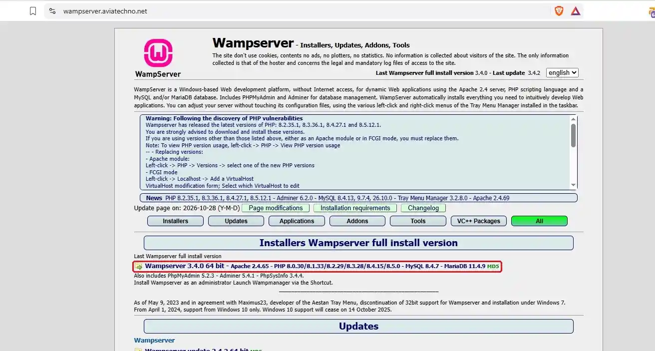 WampServer download page with the Wampserver 3.4.0 64 bit full installer link highlighted