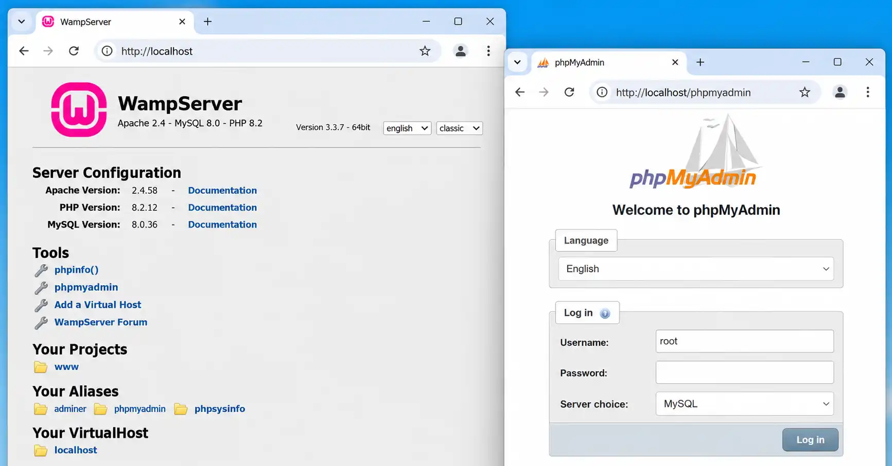 WampServer localhost home page open in a browser after a successful installation