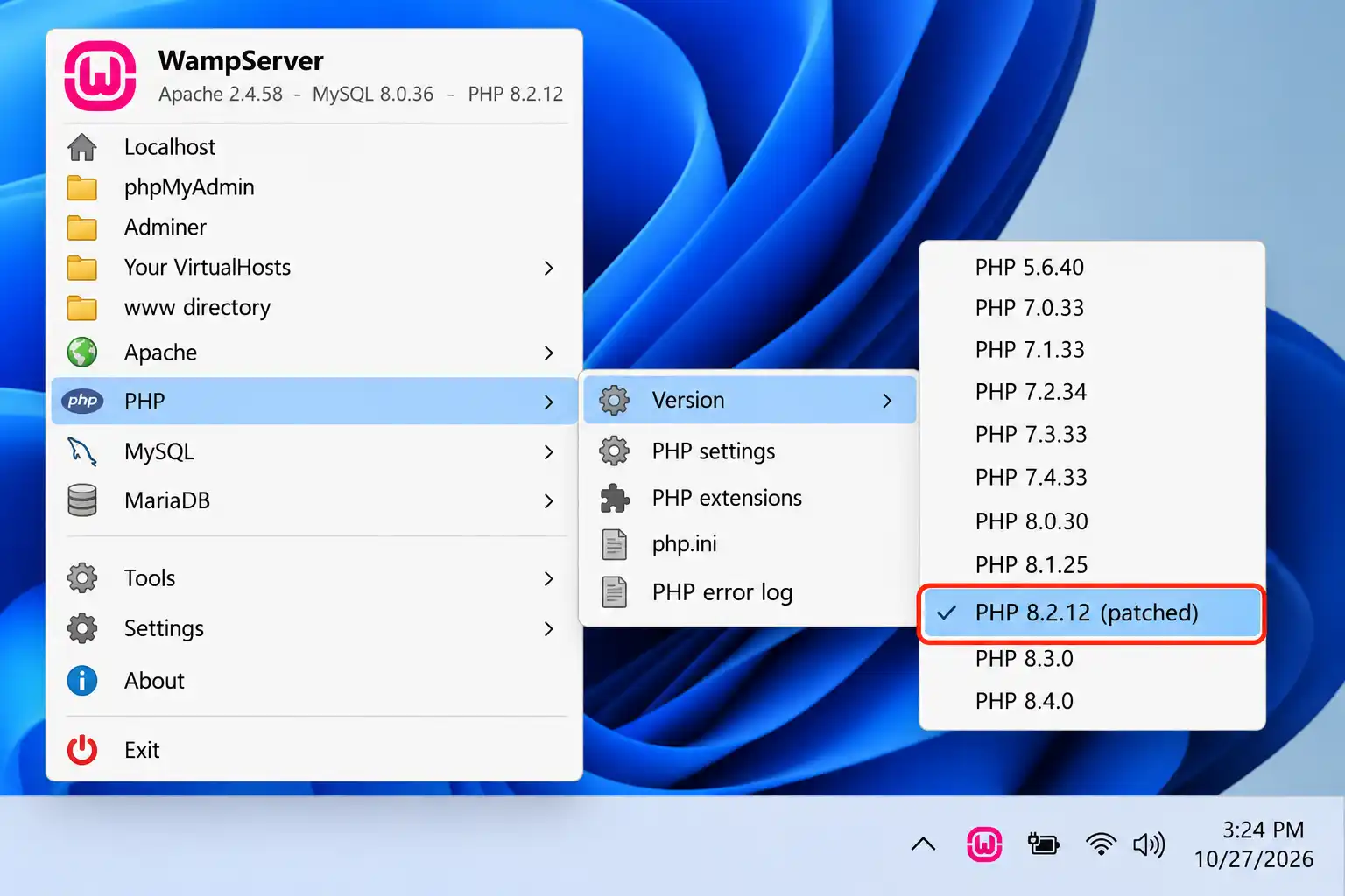 WampServer tray menu showing PHP Versions submenu with a patched PHP version selected