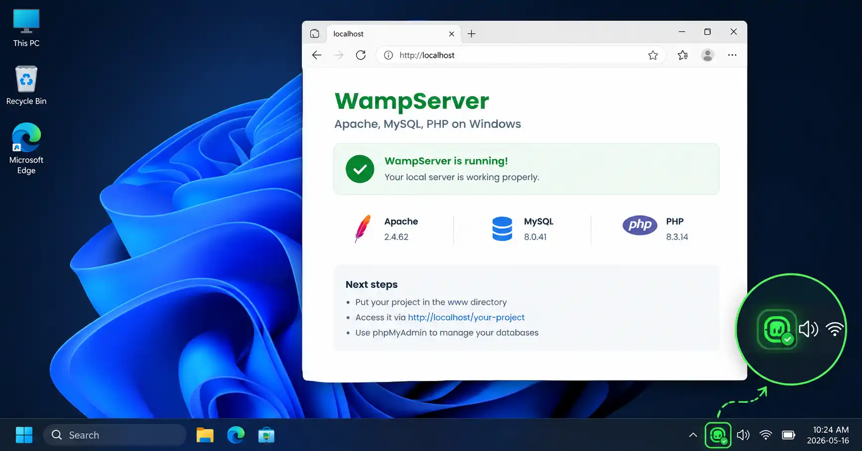 WampServer running on Windows with a green tray icon and the localhost page open in a browser