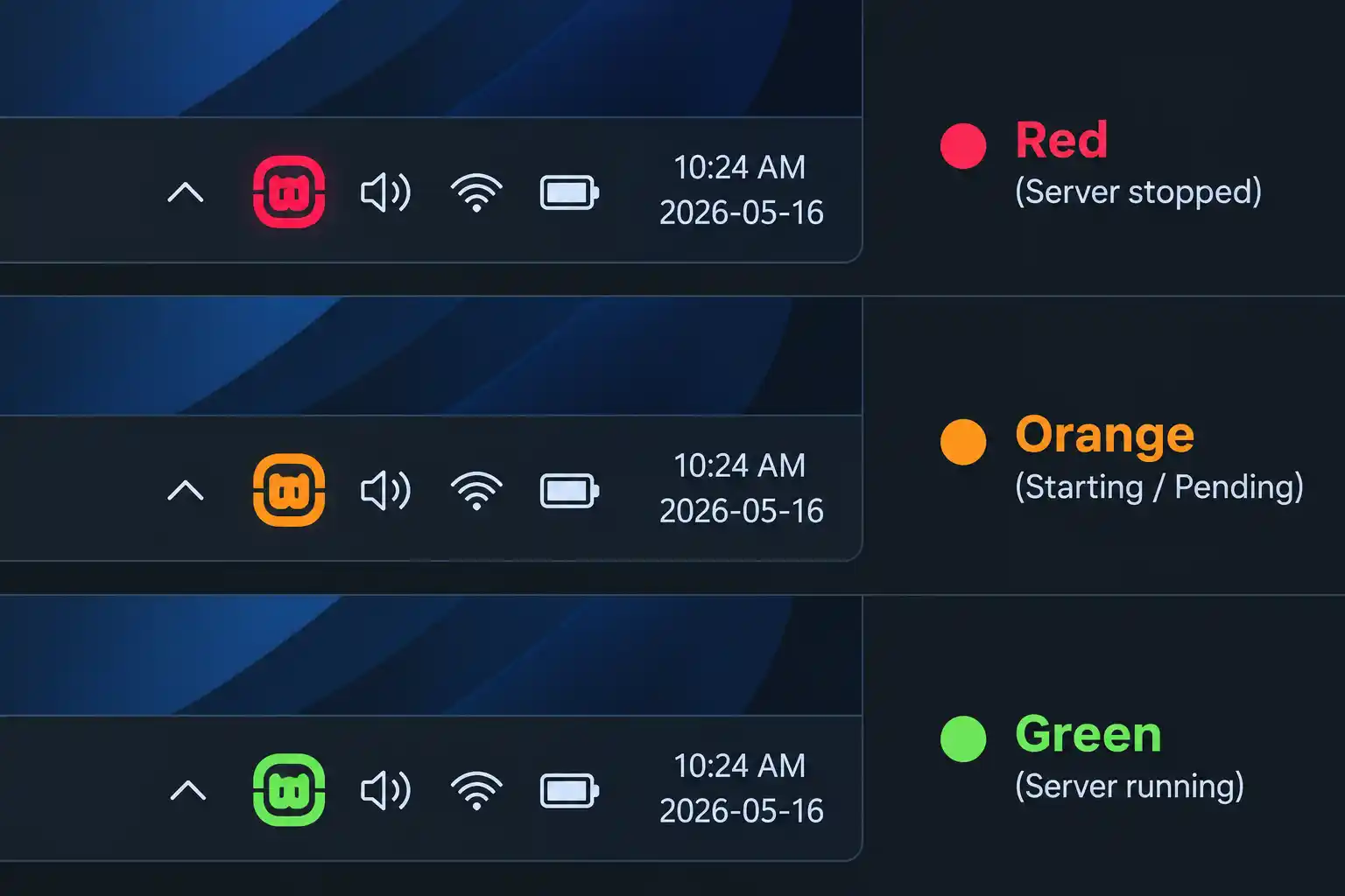 WampServer system tray icon in red, orange and green states showing service status